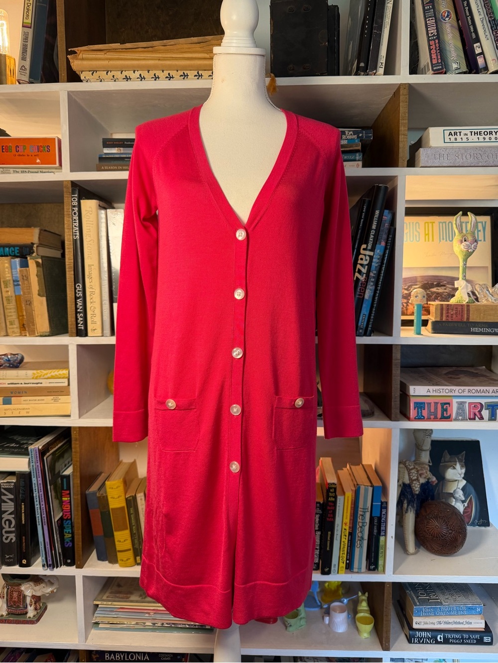 Women’s Long V-Neck Button Cardigan Sweater in Bright Pink